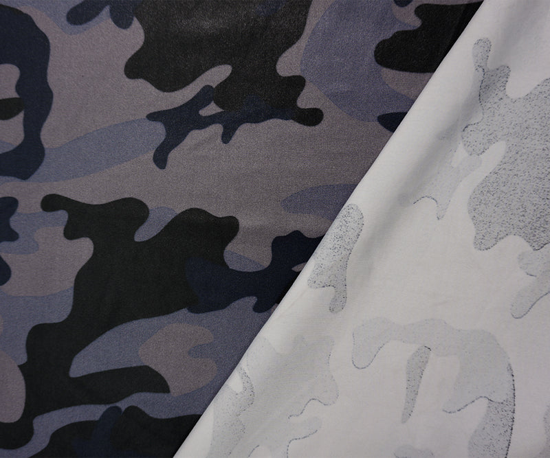 Gray-Navy Famous Maker Nylon Camo Print Satin Tricot Knit Fabric