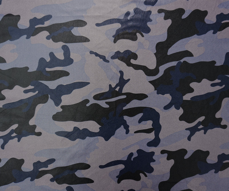 Gray-Navy Famous Maker Nylon Camo Print Satin Tricot Knit Fabric