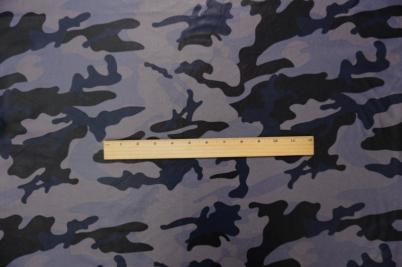 Gray-Navy Famous Maker Nylon Camo Print Satin Tricot Knit Fabric