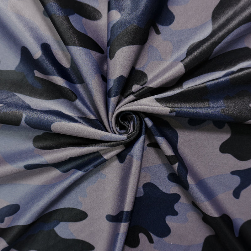 Gray-Navy Famous Maker Nylon Camo Print Satin Tricot Knit Fabric