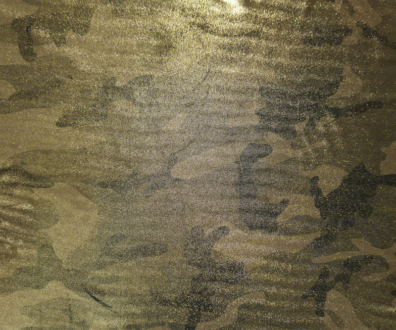 Gold Famous Maker Nylon Camo Foil Printed Tricot Knit Fabric