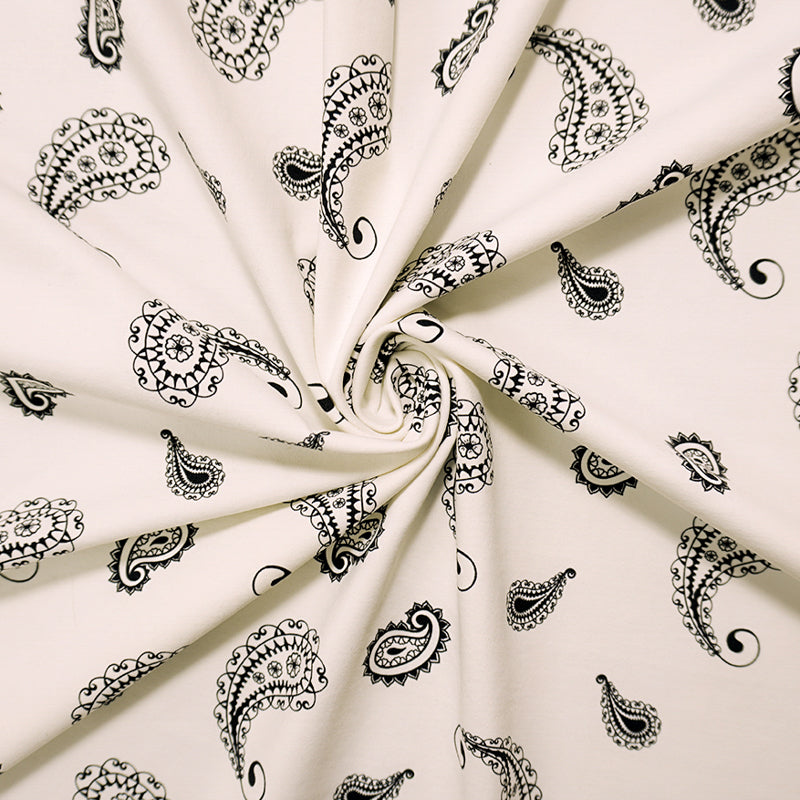 Ivory-Black Famous Maker Nylon Paisley Tricot Knit Yoga Fabric