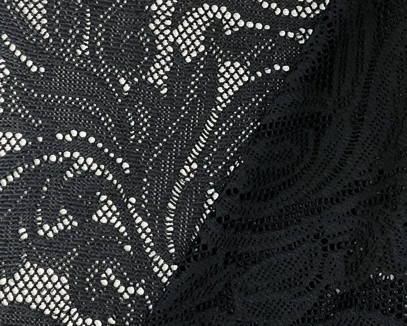 Black Pleather-Like Floral Raschel Lace Knit Famous Maker Fabric