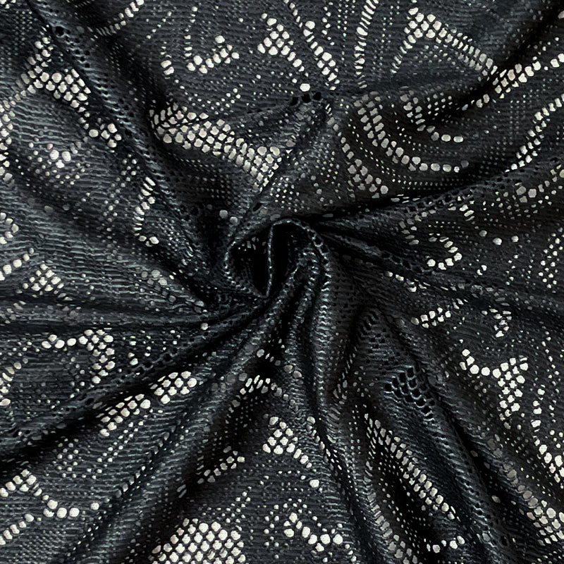 Black Pleather-Like Floral Raschel Lace Knit Famous Maker Fabric