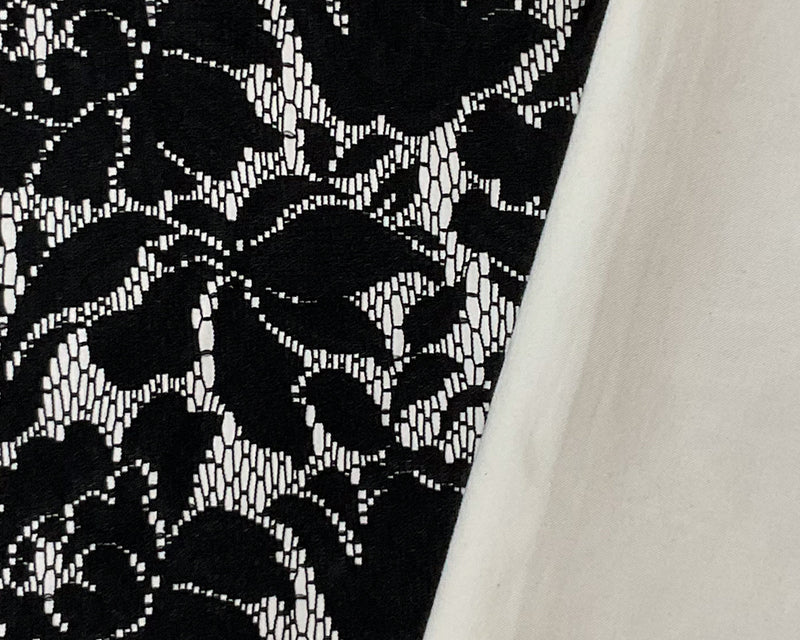 1 1/8 YD PC-Black Floral Raschel Lace Bonded Twill Woven Fabric