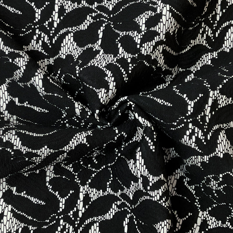 1 1/8 YD PC-Black Floral Raschel Lace Bonded Twill Woven Fabric