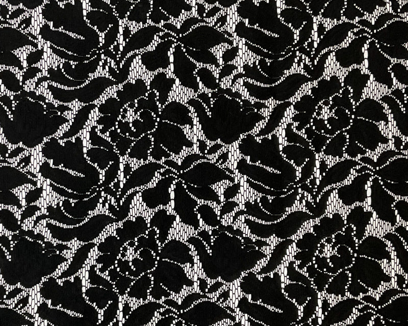 1 1/8 YD PC-Black Floral Raschel Lace Bonded Twill Woven Fabric