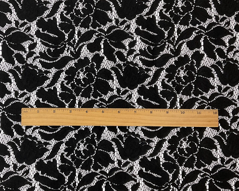 1 1/8 YD PC-Black Floral Raschel Lace Bonded Twill Woven Fabric