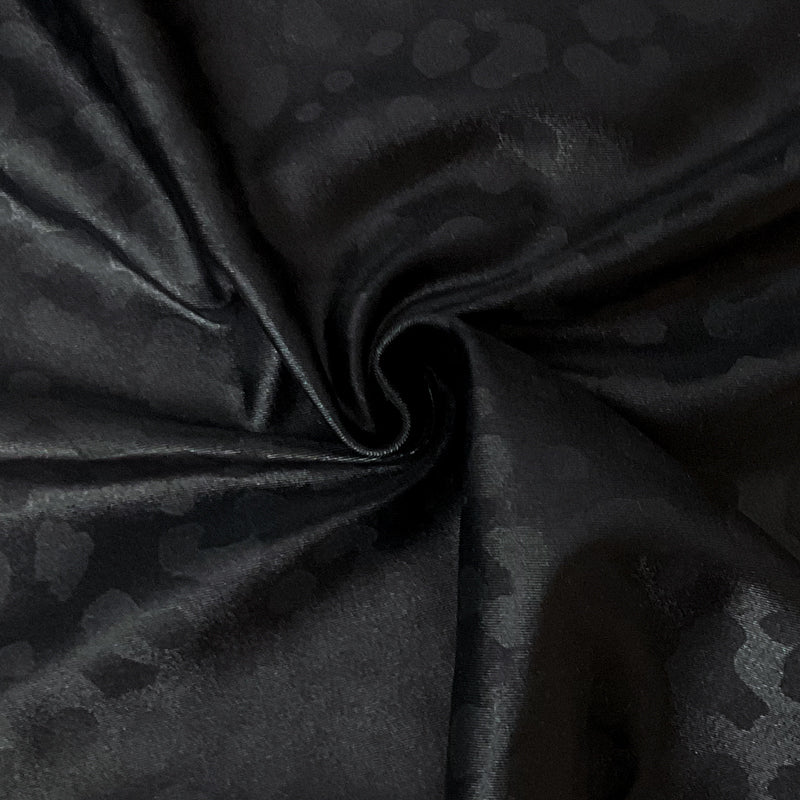 Black Leopard Printed Satin Tricot Knit Famous Maker Yoga Fabric