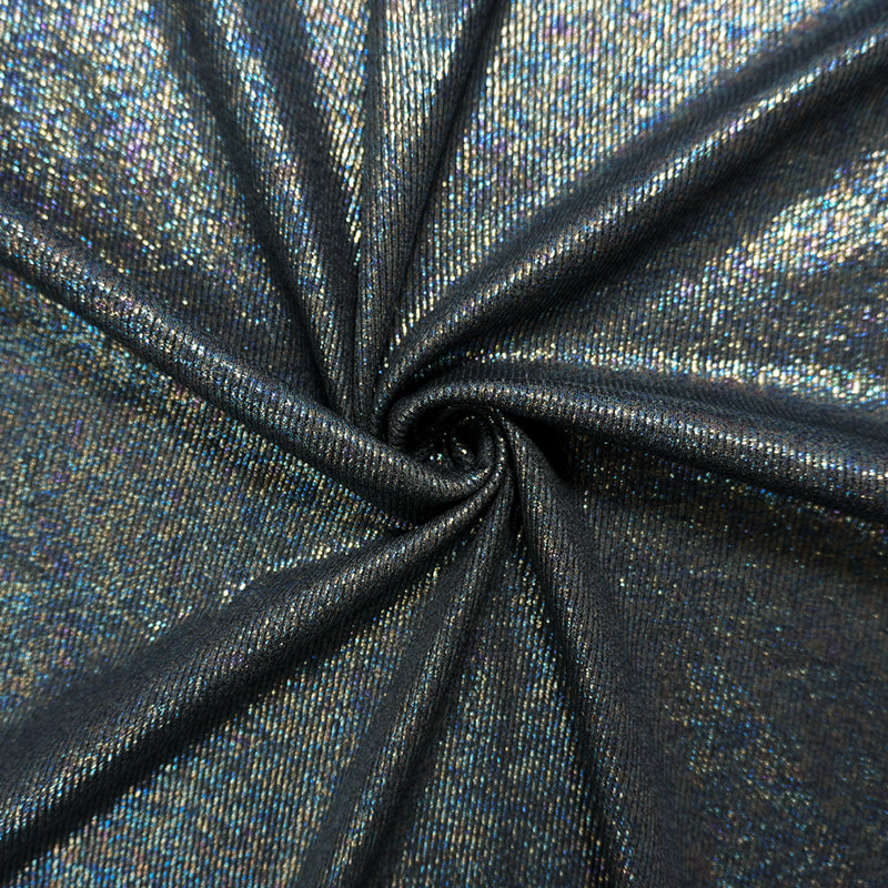 Silver Iridescent Famous Maker Poly Foil Print Rib Knit Fabric