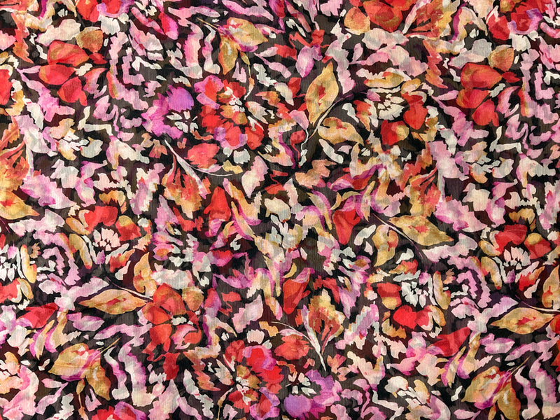 Black-Red-Multi Poly Floral Yoryu Chiffon Woven Fabric