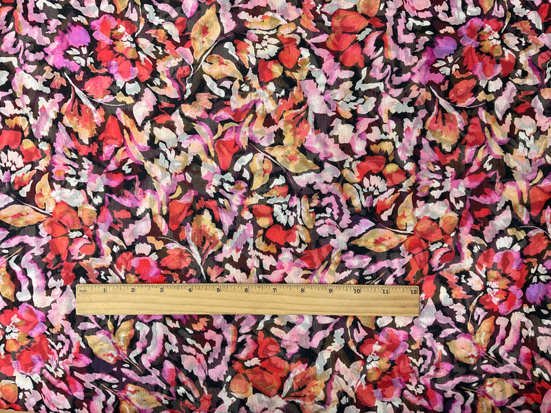 Black-Red-Multi Poly Floral Yoryu Chiffon Woven Fabric