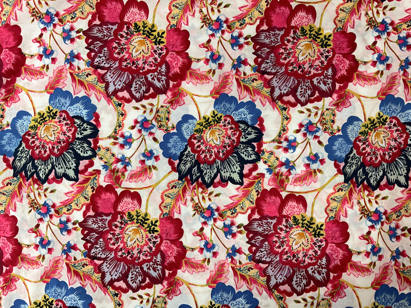 White-Red-Multi Cotton Floral Printed Voile Woven Fabric