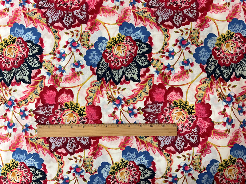White-Red-Multi Cotton Floral Printed Voile Woven Fabric
