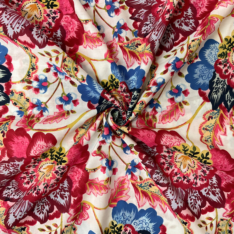 White-Red-Multi Cotton Floral Printed Voile Woven Fabric
