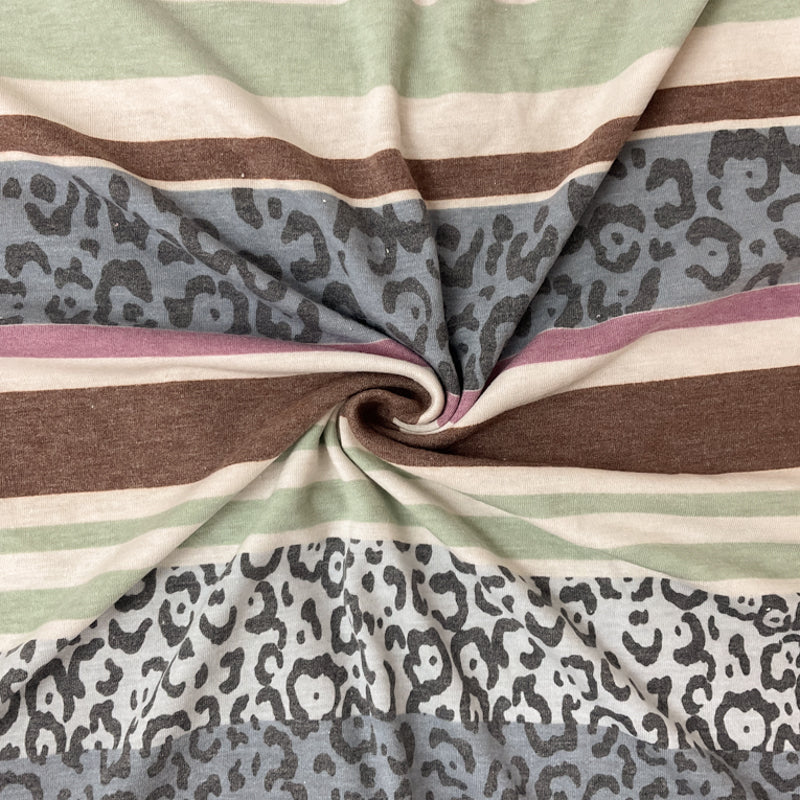 Purple-Beige-Multi Poly Stripe Leopard Printed Jersey Knit Fabric