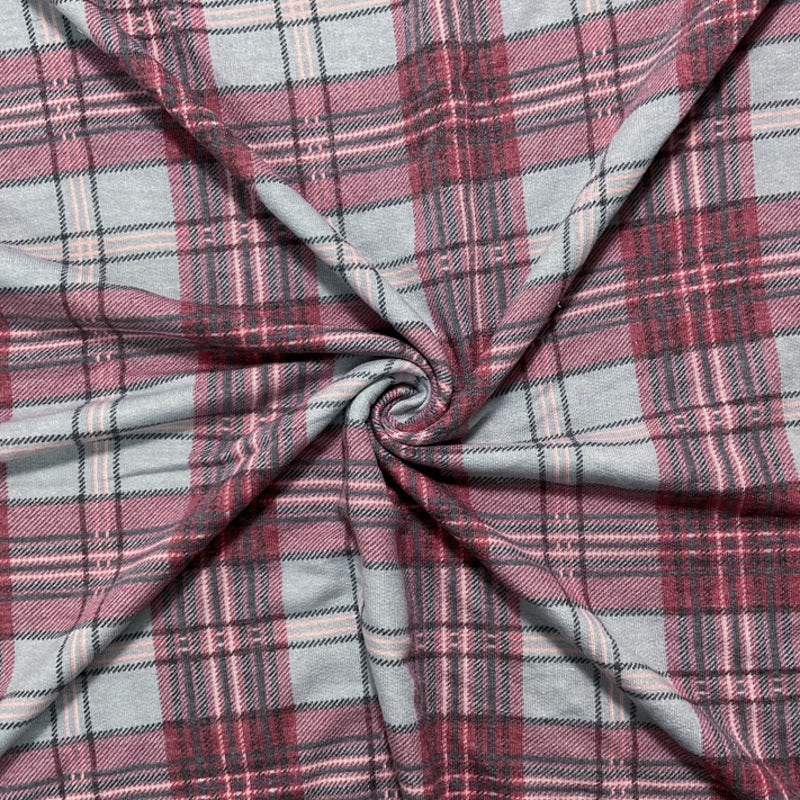 Red-White Poly Plaid Print Stretch Baby French Terry Knit Fabric