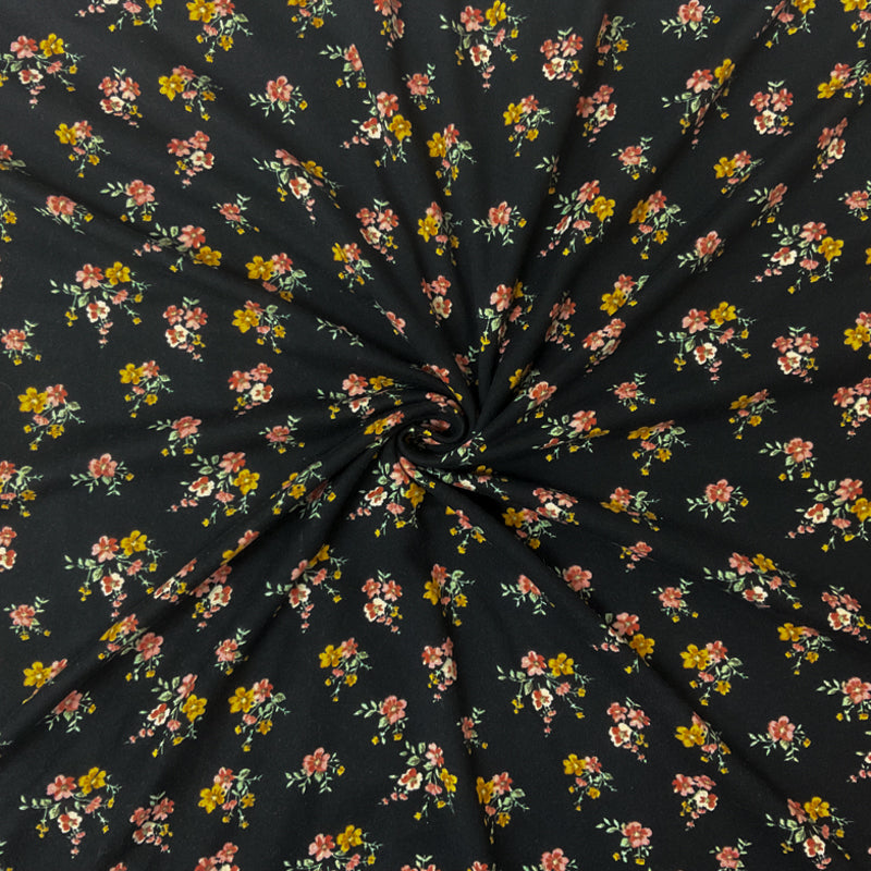Black-Pink-Yellow Poly Floral Double Brushed Jersey Knit Fabric