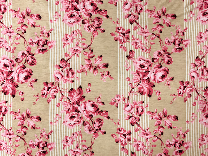 Beige-Pink Stretch Floral Printed Matte Jersey Knit Fabric