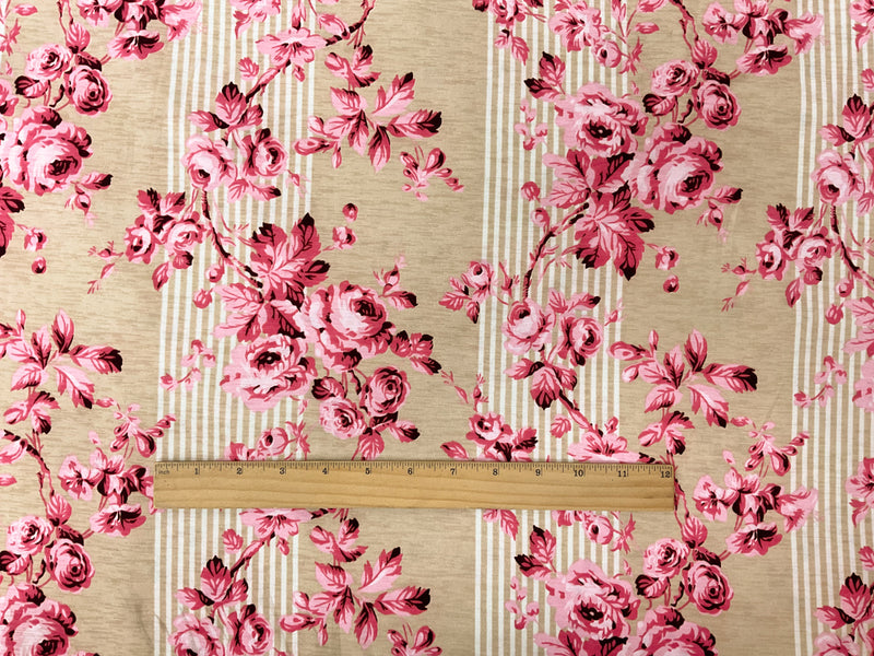 Beige-Pink Stretch Floral Printed Matte Jersey Knit Fabric