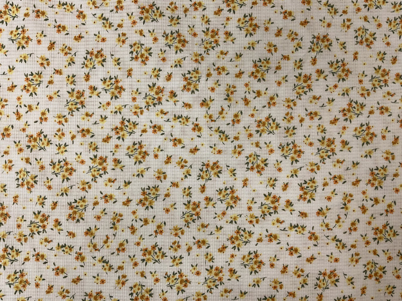 White-Yellow Poly Rayon Stretch Floral Pointelle Rib Knit Fabric