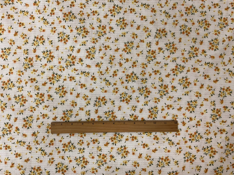White-Yellow Poly Rayon Stretch Floral Pointelle Rib Knit Fabric