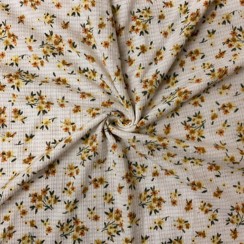 White-Yellow Poly Rayon Stretch Floral Pointelle Rib Knit Fabric