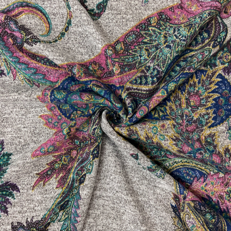Gray-Multi Poly Spandex Paisley Brushed Face Jersey Knit Fabric