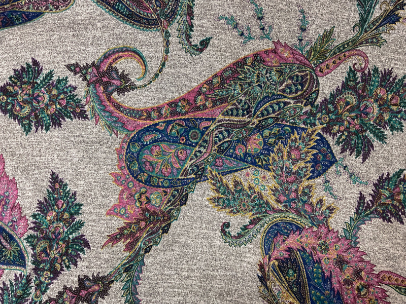 Gray-Multi Poly Spandex Paisley Brushed Face Jersey Knit Fabric
