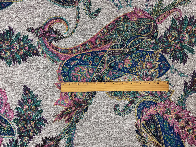Gray-Multi Poly Spandex Paisley Brushed Face Jersey Knit Fabric
