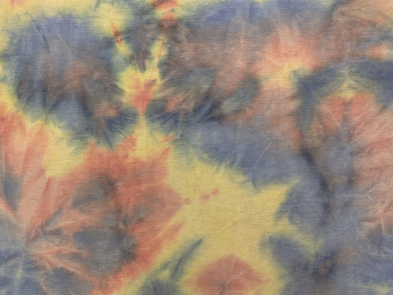 Blue-Yellow Poly Rayon Spandex Tie Dye French Terry Knit Fabric