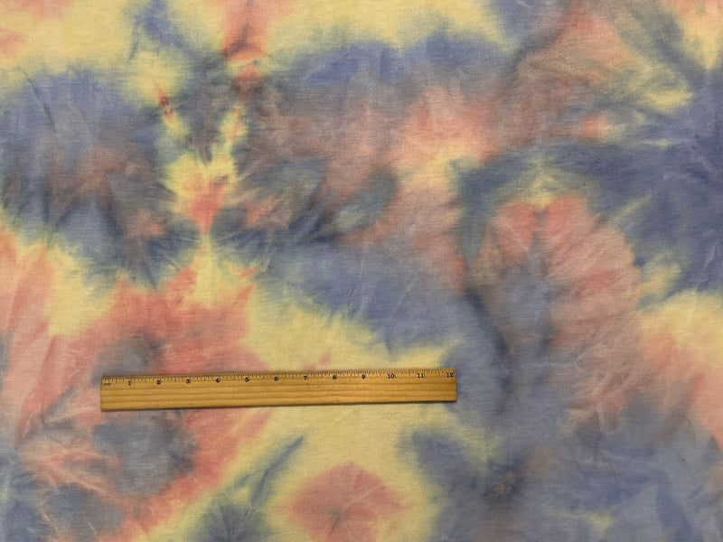 Blue-Yellow Poly Rayon Spandex Tie Dye French Terry Knit Fabric