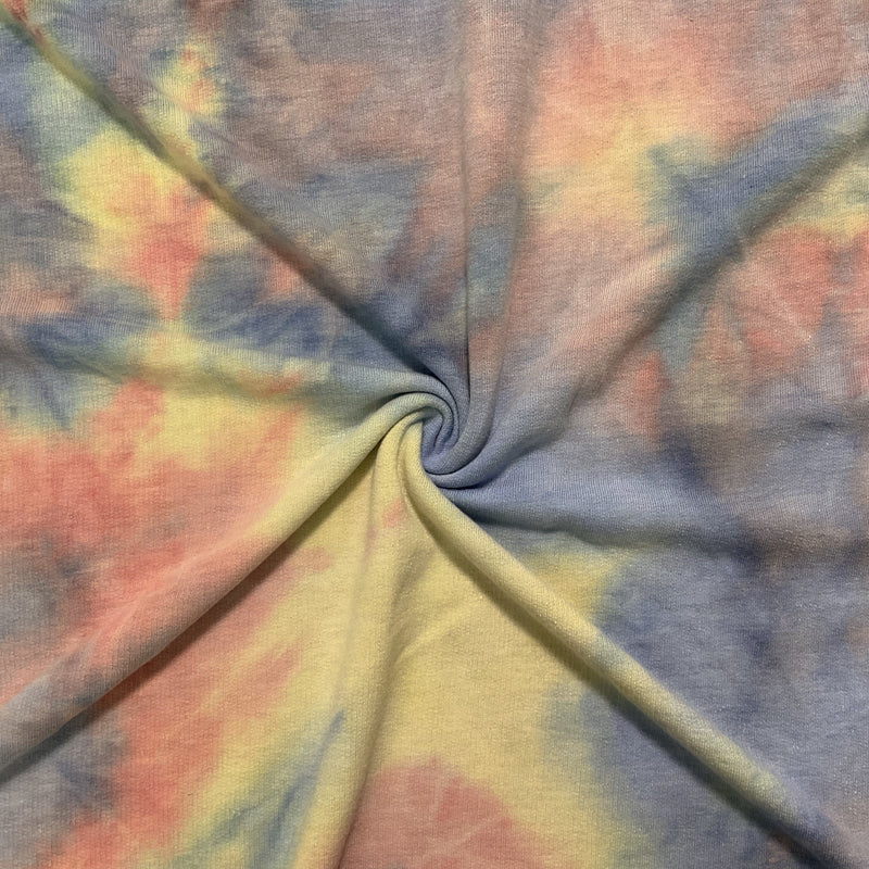 Blue-Yellow Poly Rayon Spandex Tie Dye French Terry Knit Fabric