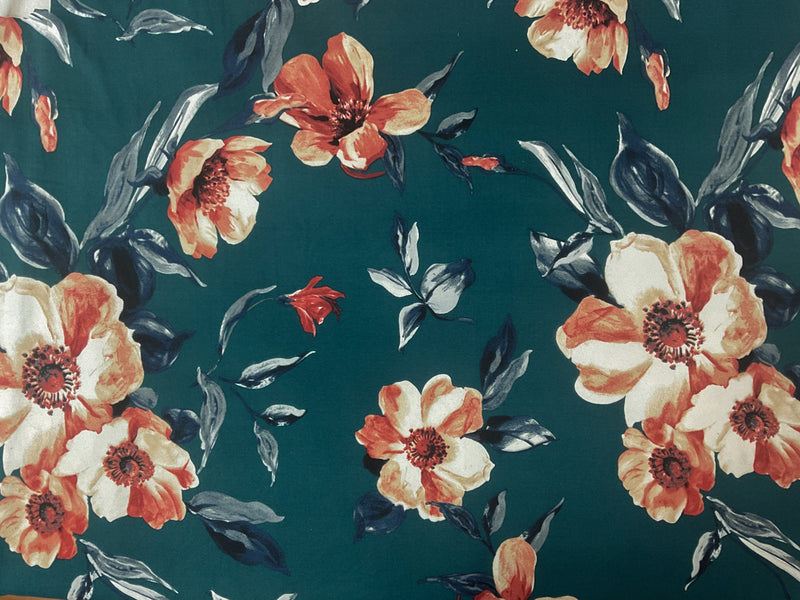 Green-Red-Multi Poly Floral Double Brushed Jersey Knit Fabric