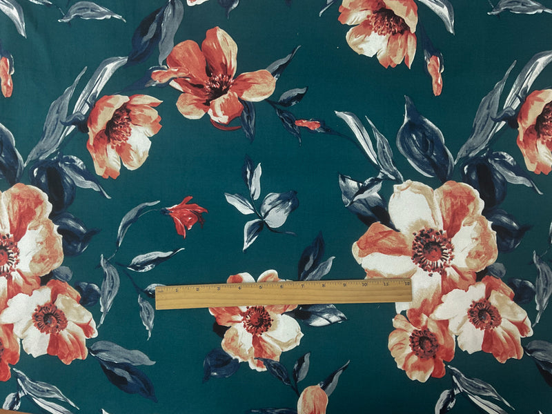Green-Red-Multi Poly Floral Double Brushed Jersey Knit Fabric