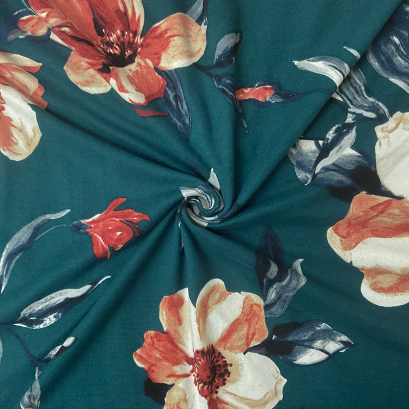 Green-Red-Multi Poly Floral Double Brushed Jersey Knit Fabric