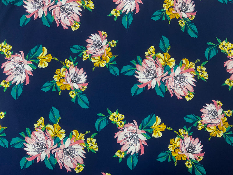 Blue-Yellow-Multi Poly Floral Double Brushed Jersey Knit Fabric