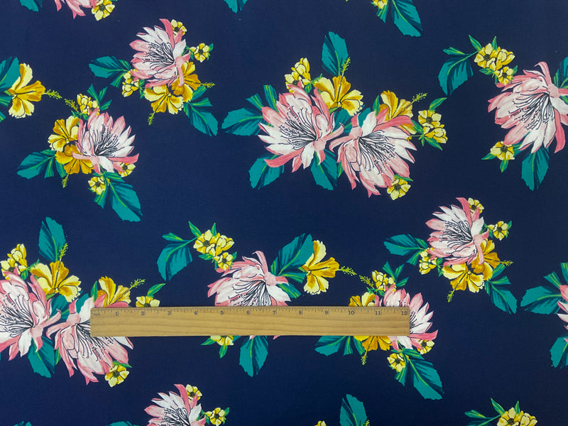 Blue-Yellow-Multi Poly Floral Double Brushed Jersey Knit Fabric