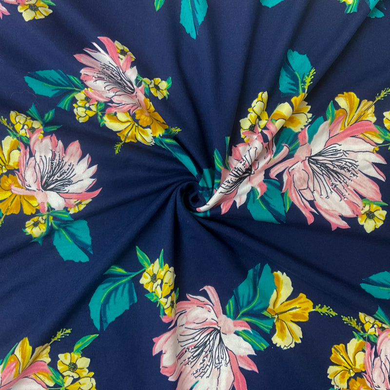 Blue-Yellow-Multi Poly Floral Double Brushed Jersey Knit Fabric