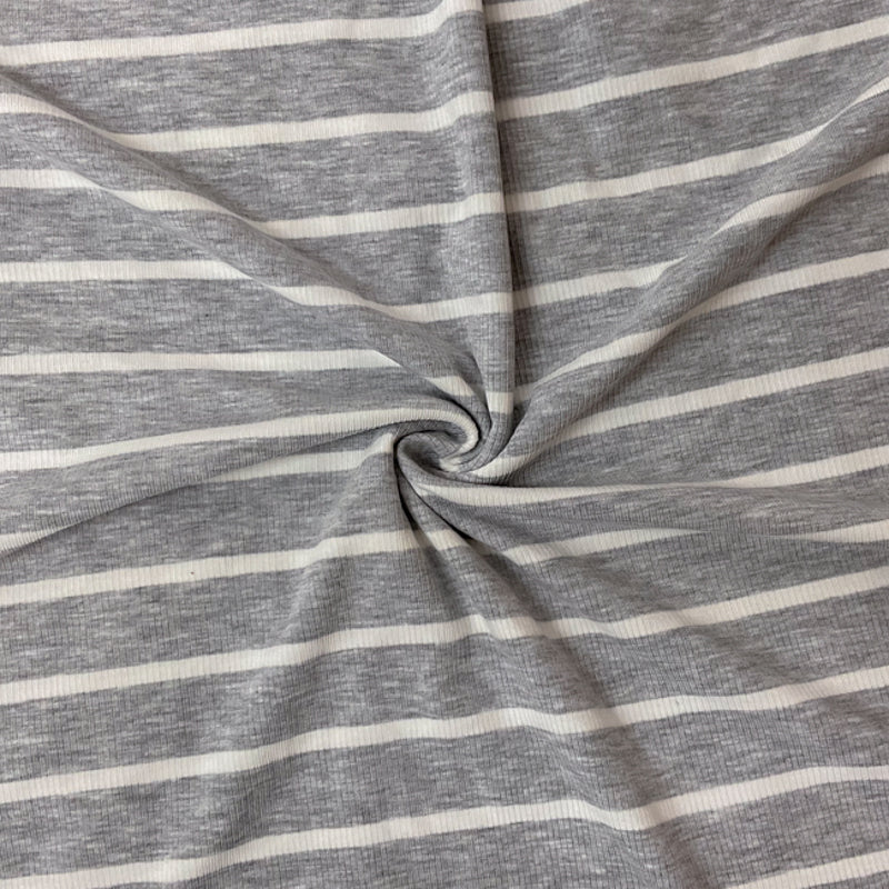 Gray-White Poly Rayon Stretch Stripe Rib Knit Fabric