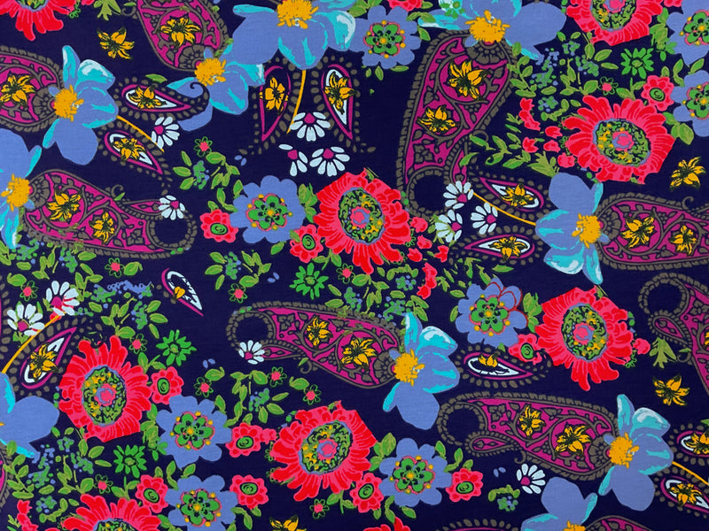 Blue-Red-Multi Poly Stretch Floral Printed Jersey Knit Fabric