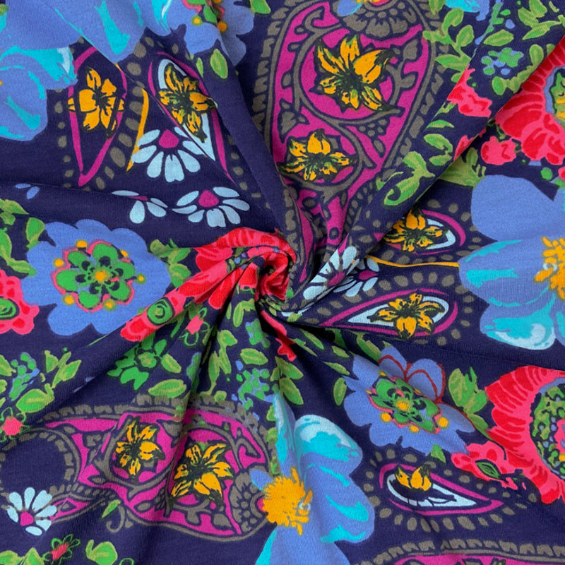 Blue-Red-Multi Poly Stretch Floral Printed Jersey Knit Fabric