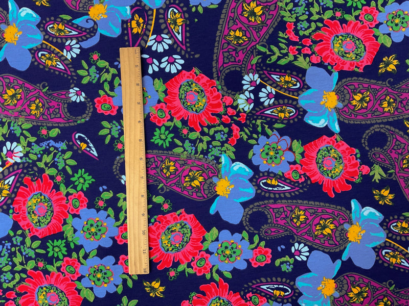 Blue-Red-Multi Poly Stretch Floral Printed Jersey Knit Fabric