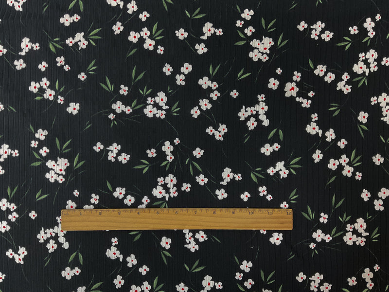 Black-White Poly Stretch Floral Printed Brush Rib Knit Fabric