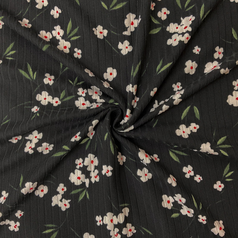 Black-White Poly Stretch Floral Printed Brush Rib Knit Fabric