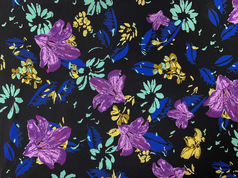 Black-Purple-Multi Poly Stretch Floral Printed Jersey Knit Fabric