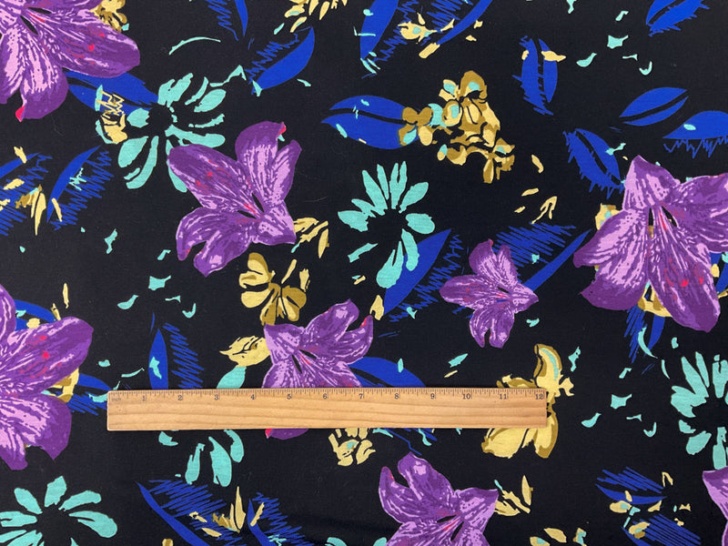 Black-Purple-Multi Poly Stretch Floral Printed Jersey Knit Fabric