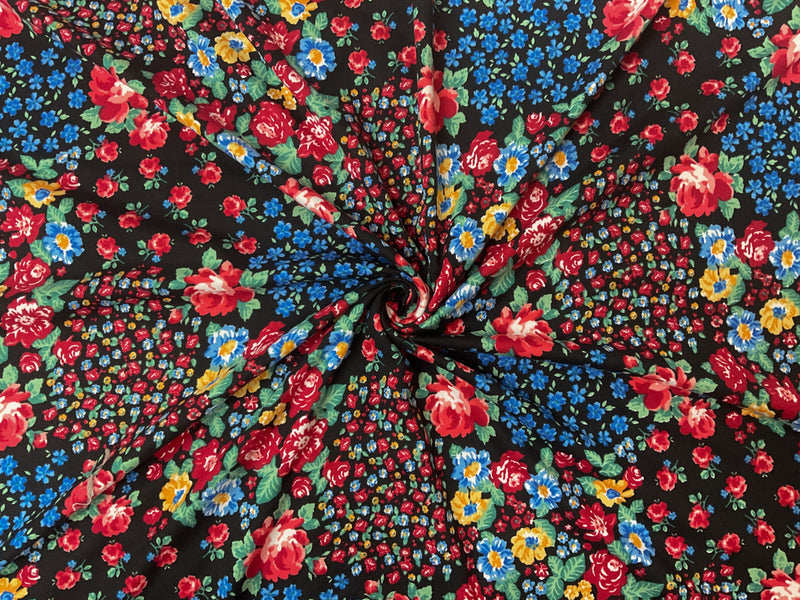 Black-Red Poly Floral Print Double Brushed Jersey Knit Fabric