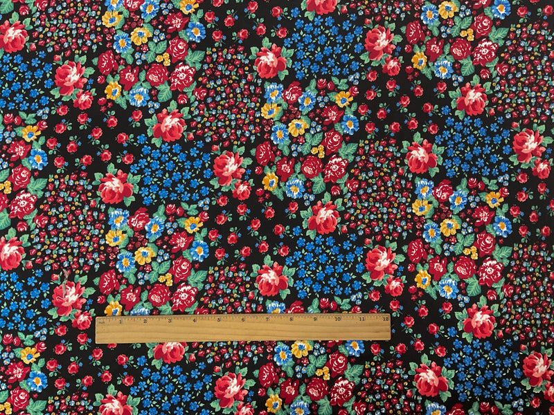 Black-Red Poly Floral Print Double Brushed Jersey Knit Fabric