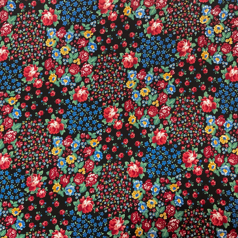 Black-Red Poly Floral Print Double Brushed Jersey Knit Fabric